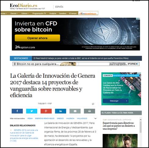 La Galería de Innovación de GENERA 2017 destaca 14 proyectos de vanguardia en materia de renovables y eficiencia