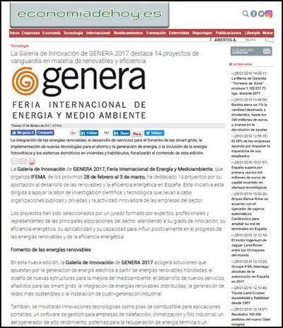 La Galería de Innovación de GENERA 2017 destaca 14 proyectos de vanguardia en materia de renovables y eficiencia