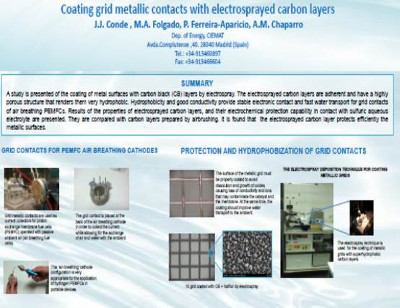 Coating grid metallic contacts with electrosprayed carbon layers.